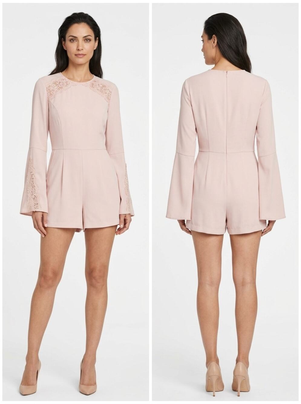 Bcbgmaxazria Pink Lace Bell Sleeve Romper Jumpsuit Pockets Women Size 8